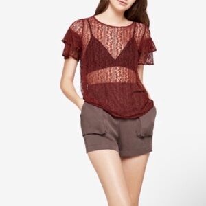BCBGeneration Maroon Red Sheer Lace Top Tiered Ruffled Sleeve Vented Back Blouse